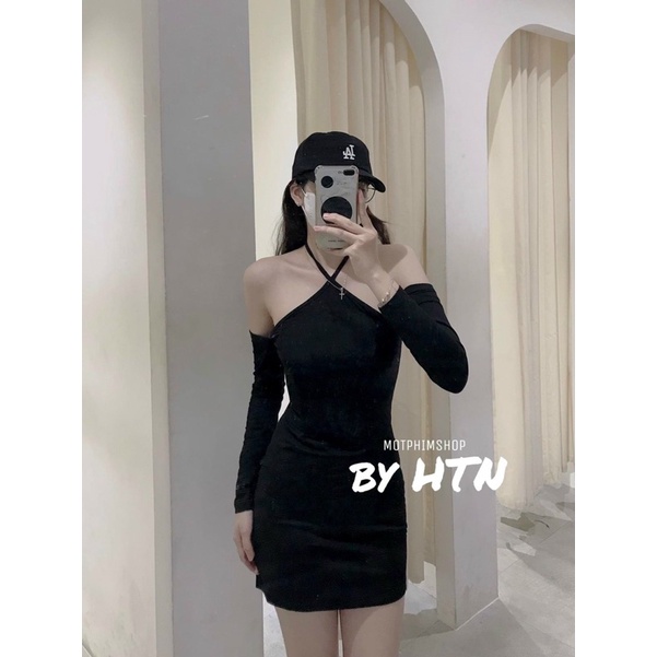 ĐẦM BODY ĐEN CỔ YẾM RỚT VAI TAY DÀI KTGIMI ( Kèm ảnh thật)