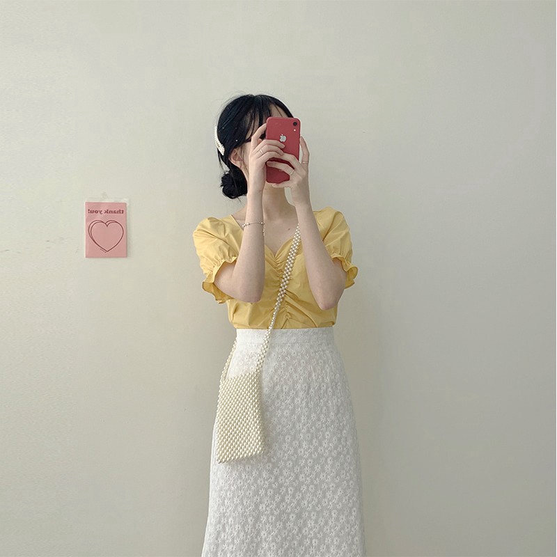 Chân váy SUXI lưng cao phối ren hoa màu trơn phong cách Hàn Quốc thời trang cho nữ