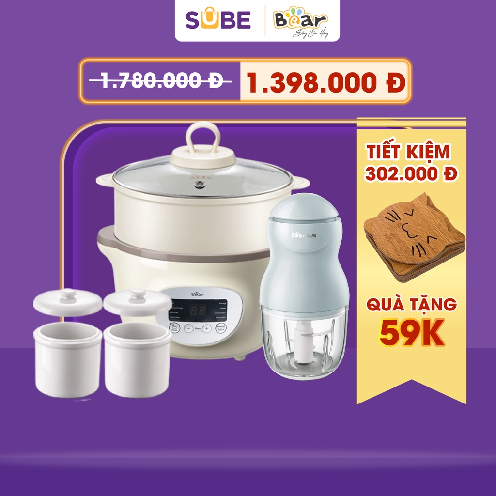 Combo Nồi Nấu Chậm 1,6L Bear SUBE002 + Máy Xay Ăn Dặm 0,3L Bear B03V2 nấu cháo, chưng yến tiện dụng