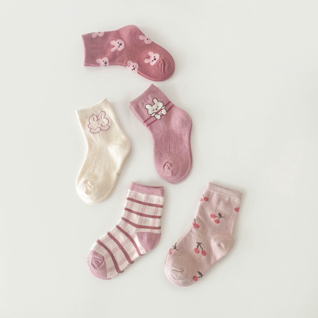 Set 5 Đôi Tất Cotton Cho Bé gái (1-12 Tuổi) Hoạ Tiết Thỏ Hồng Đáng Yêu