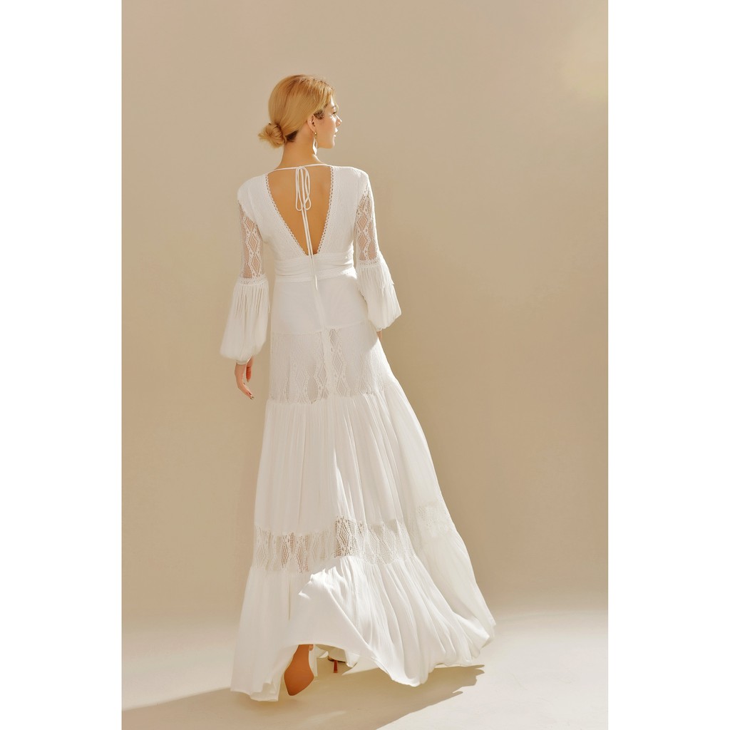 SÒ VINTAGE - ZANE Đầm maxi xô cổ V tay dài phối ren | BigBuy360 - bigbuy360.vn