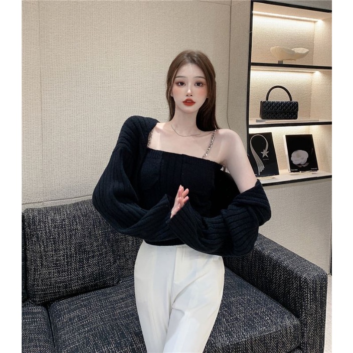 Áo len hai dây nữ, áo khoác cardigan len nữ full set có video ảnh thật