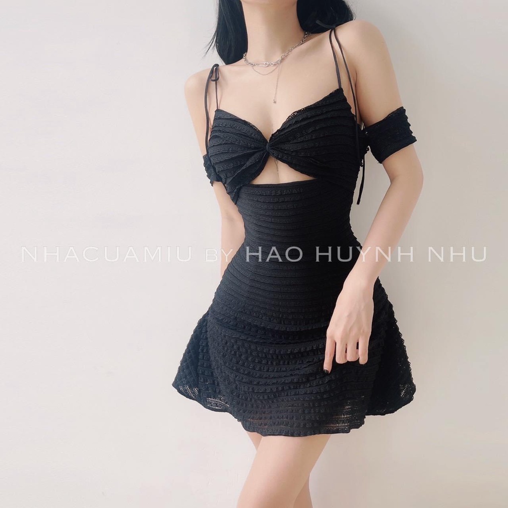 Đầm xốp 2 dây cột nơ vai tay ngắn đứt nhúm ngực nơ cực sexy  , chất thun xốp mềm mịn