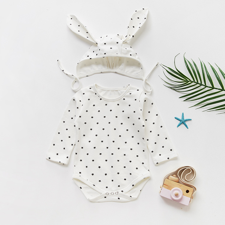 Bộ áo liền quần tay dài họa tiết ngôi sao + mũ tai thỏ xinh xắn dành cho bé sơ sinh