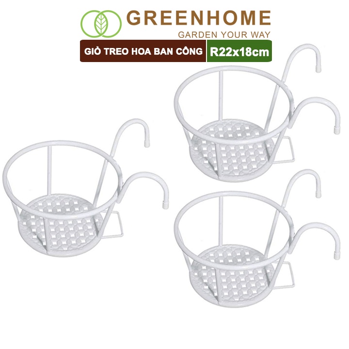 Bộ 3 Giỏ treo hoa ban công, D22xC18cm, màu trắng, chất liệu sắt sơn tĩnh điện, phù hợp với mọi lan can |Greenhome