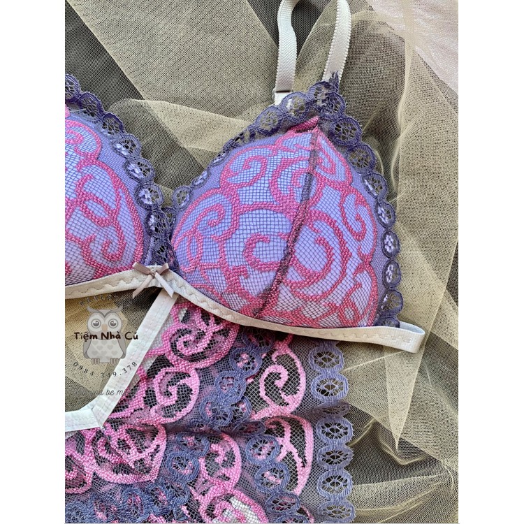 Set bra thiết kế sexy, Đồ lót nữ màu xanh ren hồng gợi cảm ôm ngực nguyên set gồm áo + quần | BigBuy360 - bigbuy360.vn