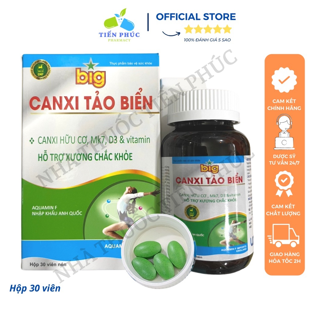 Canxi tảo biển, calci hữu cơ, mk7, d3 & vitamin - Hỗ trợ xương chắc khỏe, giảm nguy cơ loãng xương Hộp 30 viên nén