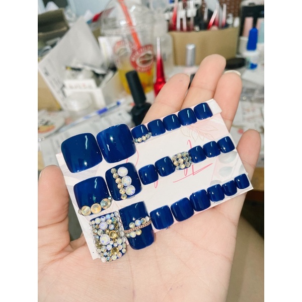 A129 bộ 24 móng chân giả màu xanh đậm đính đá kèm keo dũa