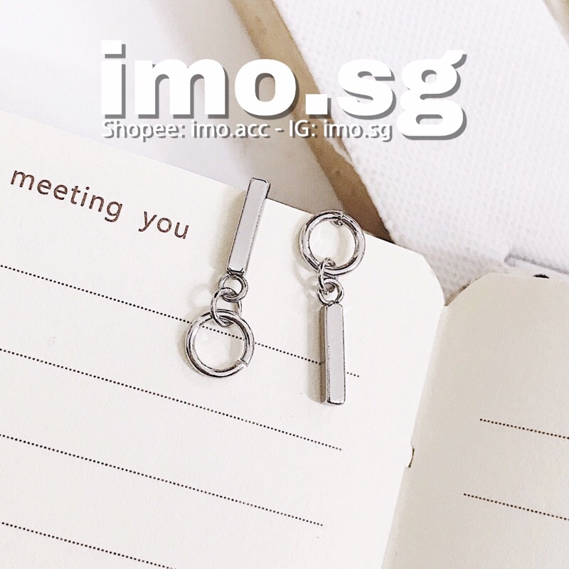 015S1 Bông tai tròn thẳng bất đối xứng bạc 925 imo.sg tự chụp có sẵn đơn giản dễ phối đồ sang cá tính Hàn ulzzang