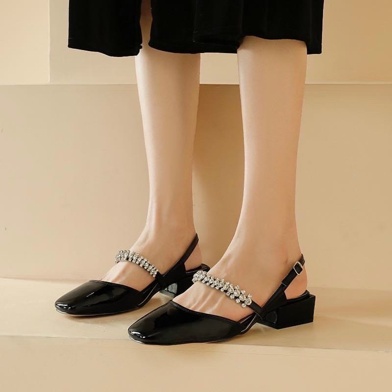 Giày cao gót bít mũi đính đá 3 phân, sandal cao gót mũi vuông đính đá 3 phân mã CD51