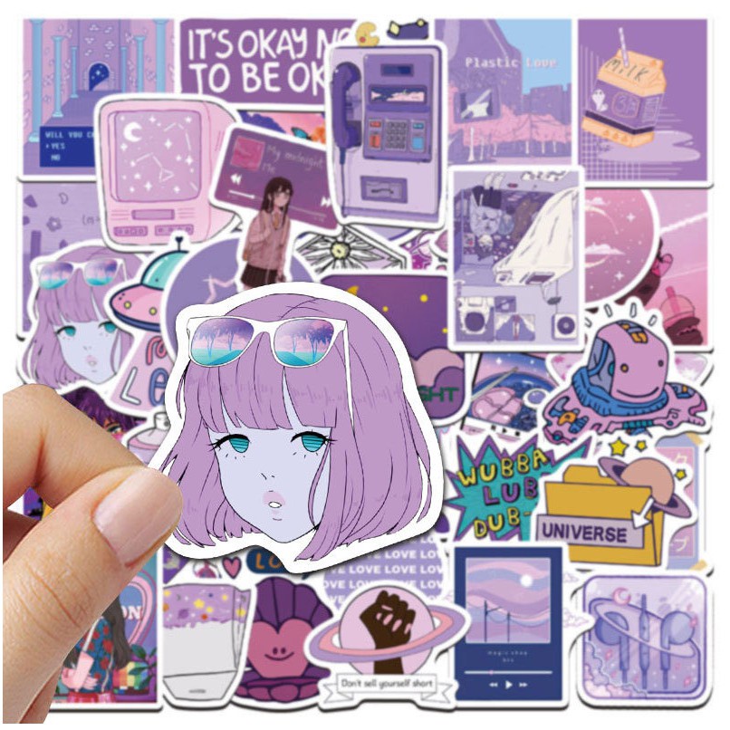 Set 50 miếng dán từ vinyl chống thấm nước họa tiết hoạt hình tông màu tím | BigBuy360 - bigbuy360.vn