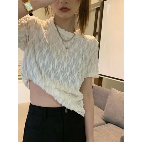 Áo Thun Nữ Ngắn Tay Cổ Tròn Phối Ren Thời Trang Hàn Quốc