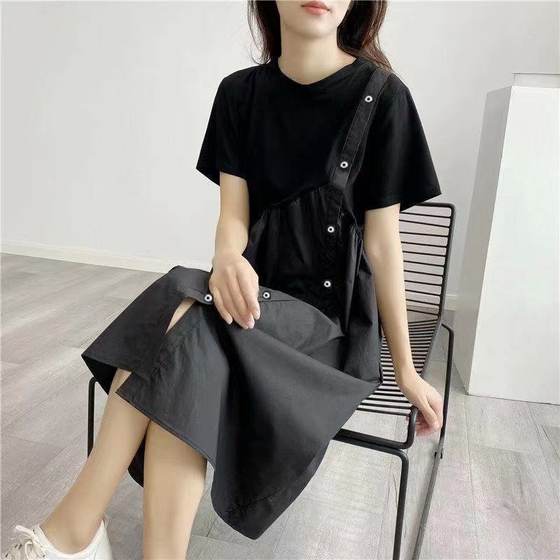 Đầm Chữ a Giả Hai Mảnh Dáng Ôm Tay Ngắn Phong Cách Pháp Thời Trang Cho Nữ