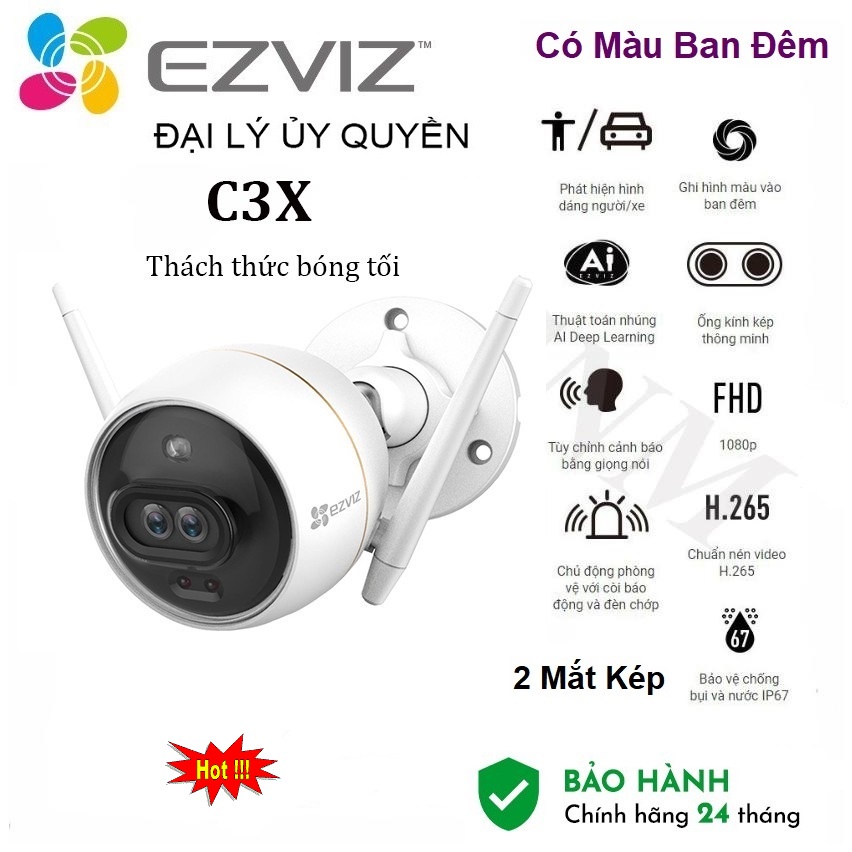 Camera WiFi ngoài trời có màu ban đêm EZVIZ C3X 1080P 2.0Mpx ống kính kép - Hàng Chính Hãng