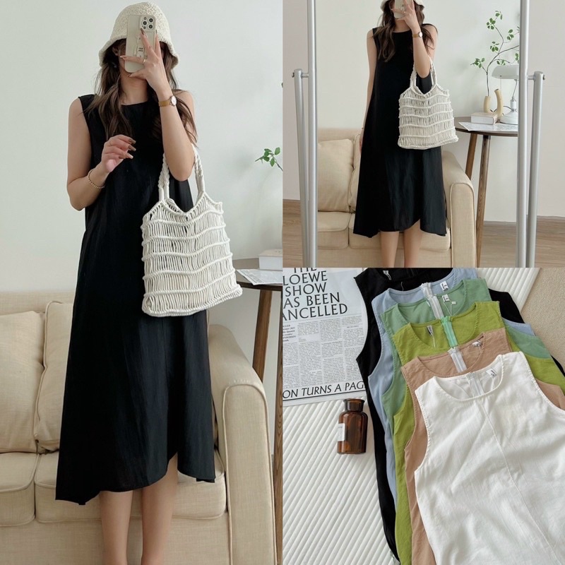 Váy hai dây nhún ngực chun sau lưng Đầm nữ tiểu thư dáng dài qua gối