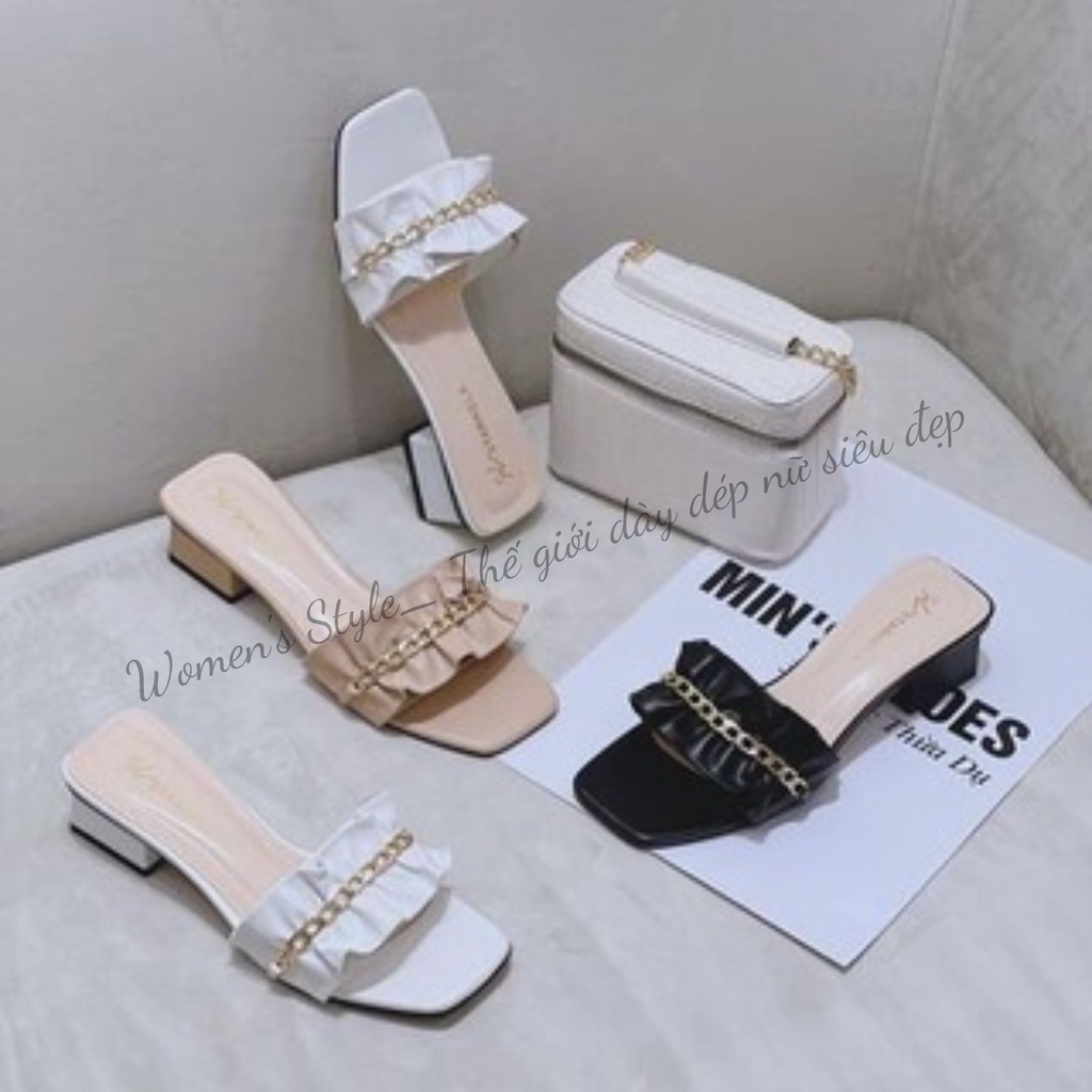 Dép cao gót 3 phân Womenstyle  quai xích phù hợp hè nóng nực, sandal đi biển chuẩn size 35-39 3 màu trắng,kem, đen