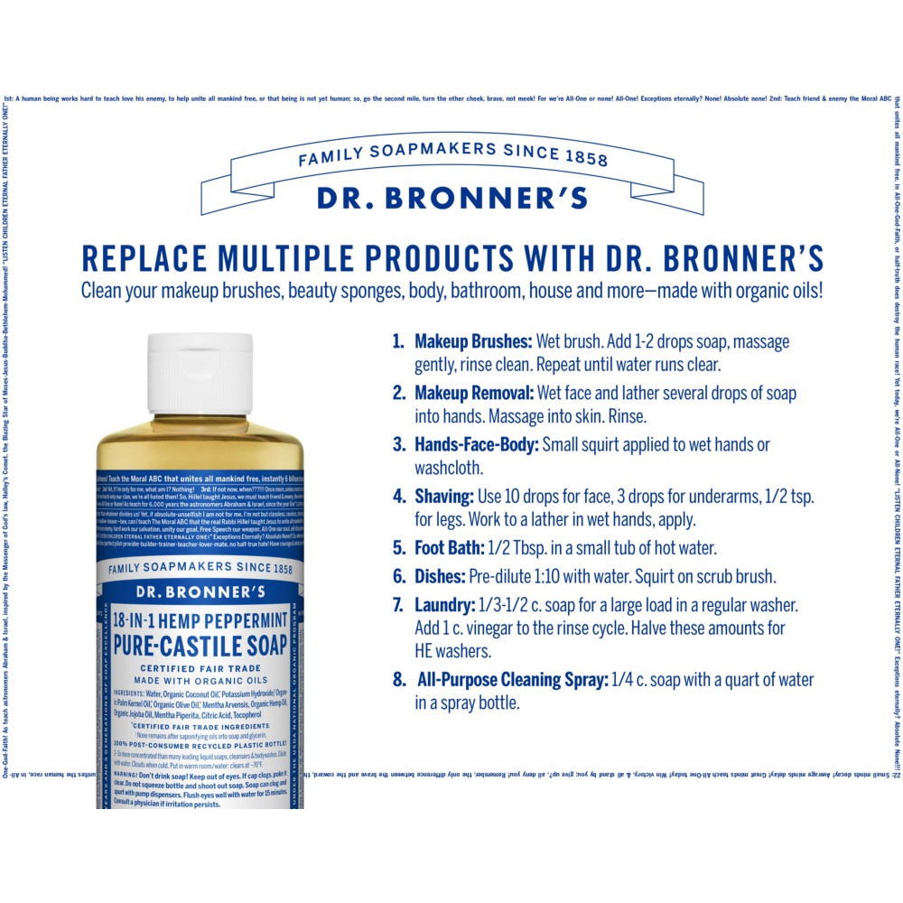 Xà phòng hữu cơ đa năng Dr Bronner’s 18 công dụng - Castile soap 18 in 1 - 8oz & 16oz