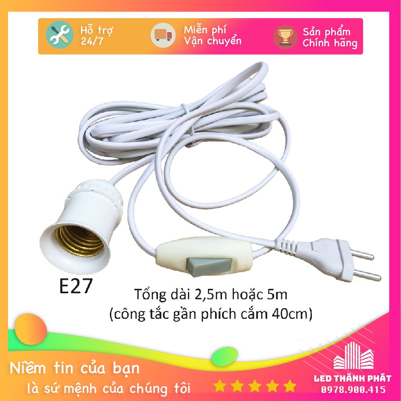 Đui đèn liền dây 5A -250V, đui đèn chịu nhiệt, chịu mưa, có công tắc dạ quang