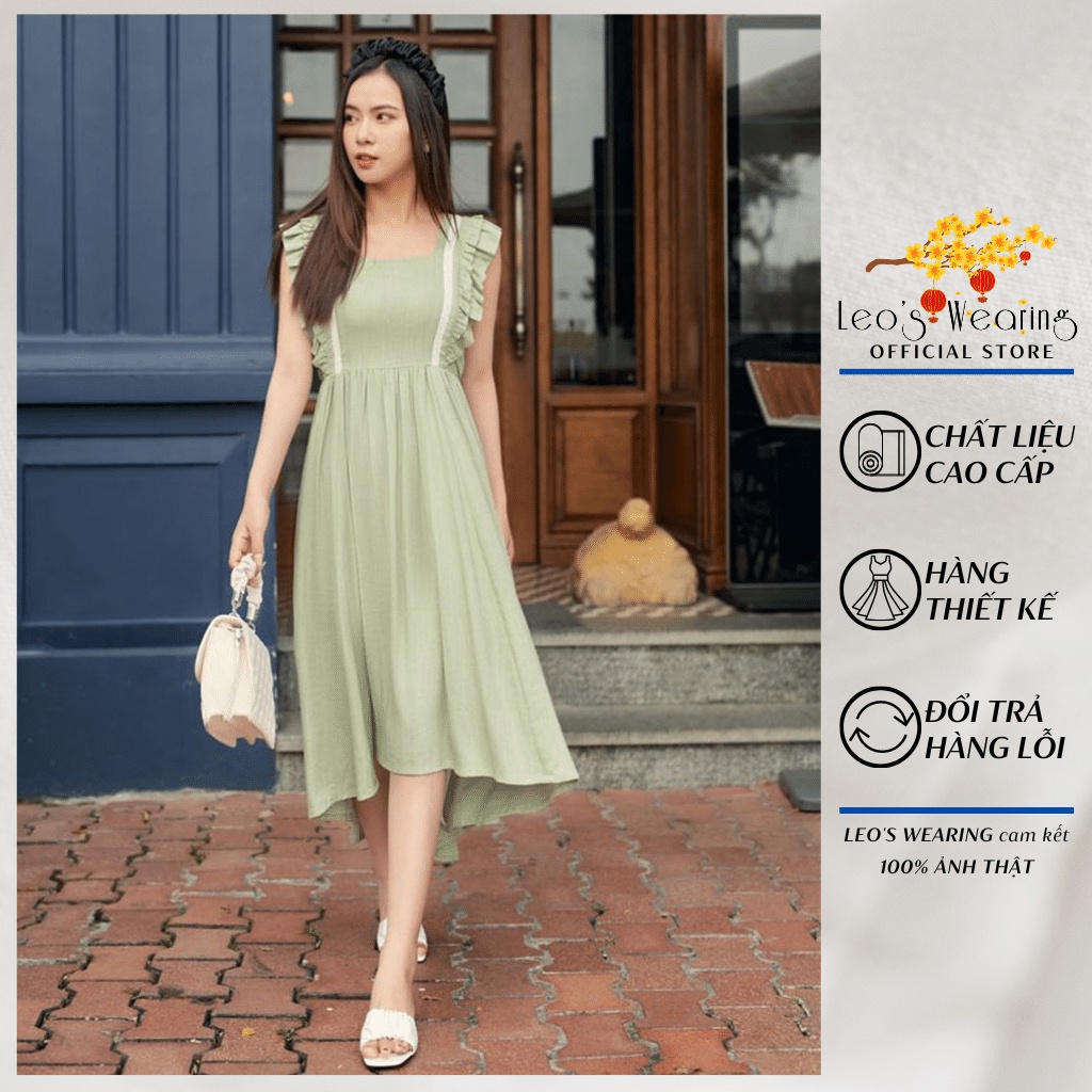 Đầm dáng dài đuôi công LEOSWEARING váy suông thắt dây ở lưng vải Linen Gân mềm mại trẻ trung dạo phố A69