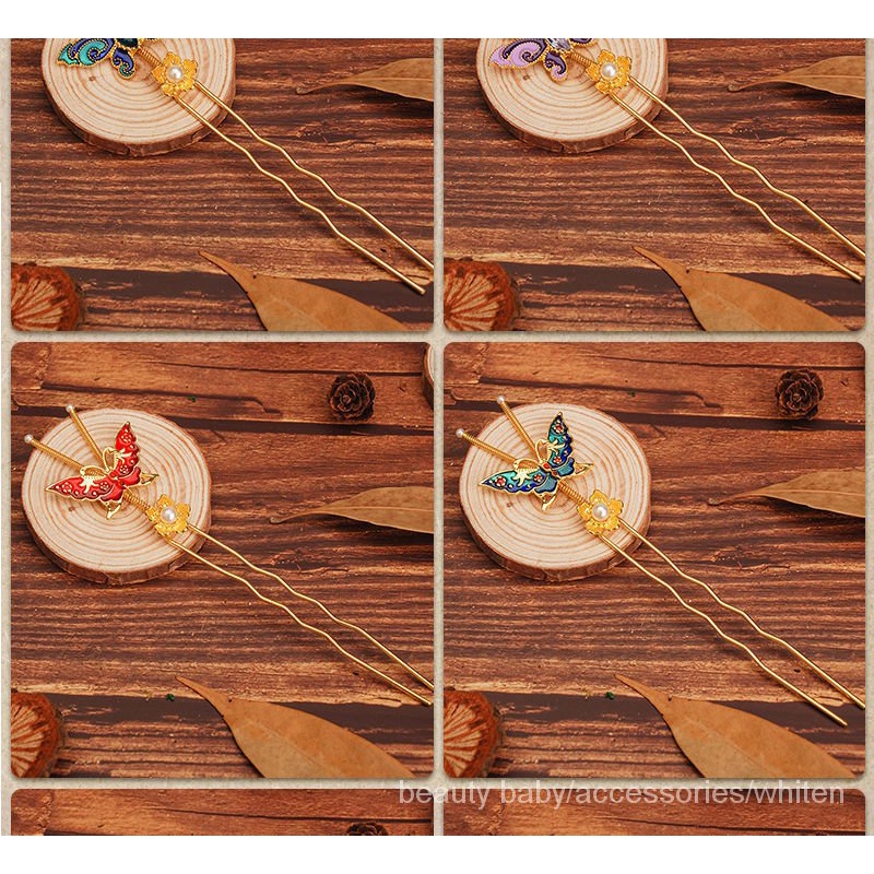 Cặp trâm cài tóc đính hạt hình bướm màu xanh dương phong cách Trung Hoa linh hoạt cổ điển thời trang mùa xuân