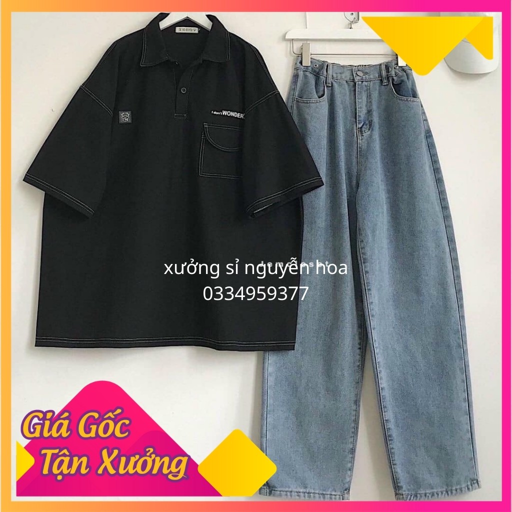 Áo thun polo viền chỉ nổi túi ngực in logo bò sữa dáng unisex form rộng nam nữ mặc được Xưởng Sỉ Nguyễn Hoa