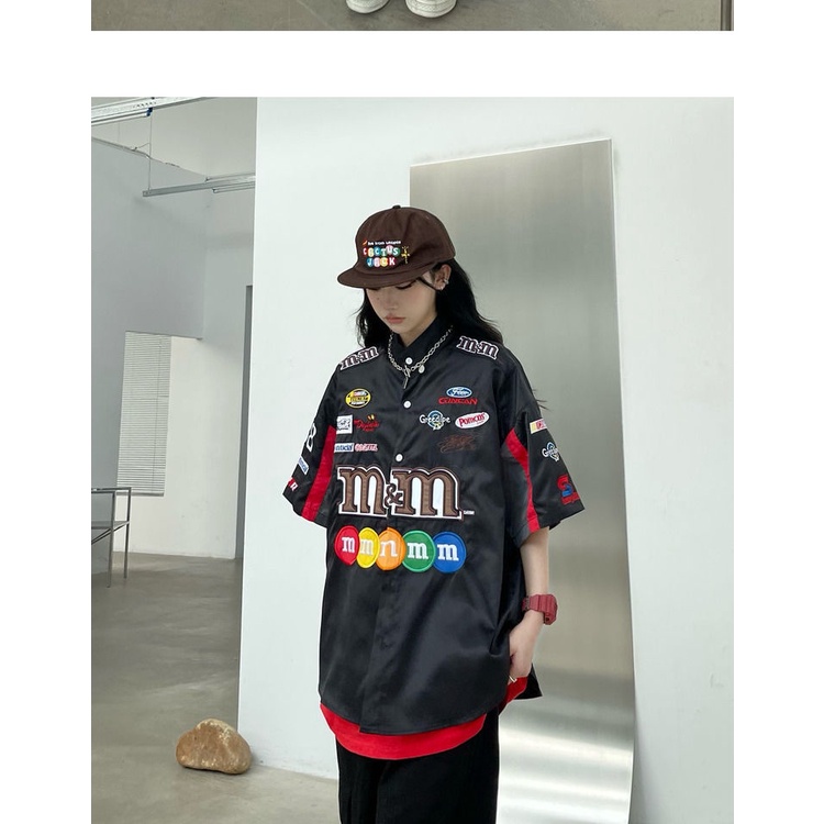 Áo thun tay ngắn dáng rộng in họa tiết M bean đường phố Mỹ cổ điển cho nam và nữ