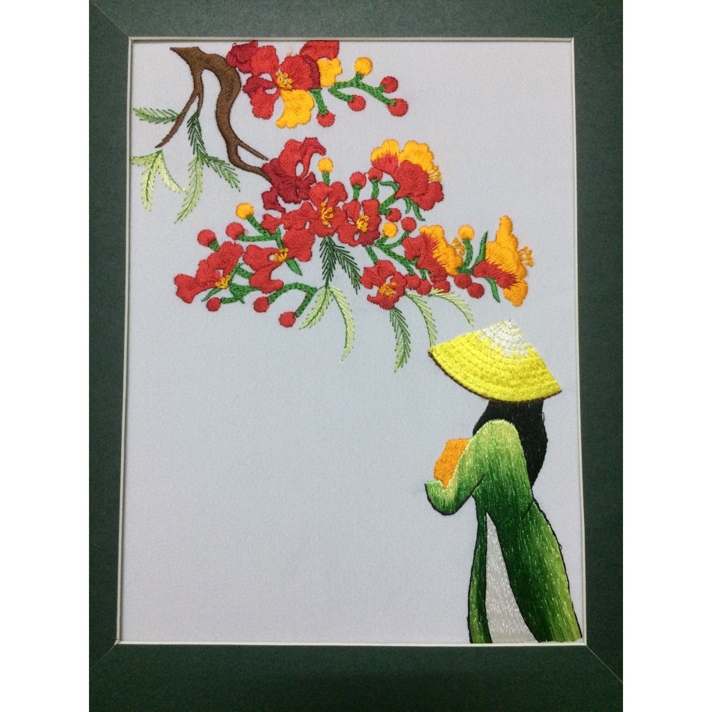 Tranh thêu tay Cô gái hoa phượng đỏ CGHP004