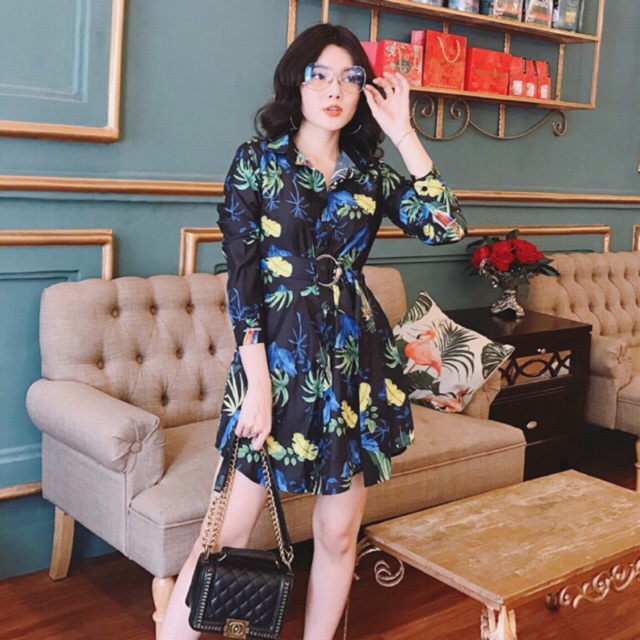 Đầm sơmi hoa in nhiệt