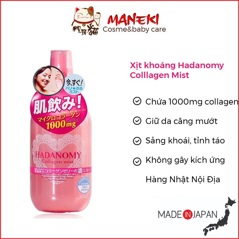 Xịt khoáng Hadanomy Collagen Mist 250ml xịt dưỡng ẩm tăng đàn hồi da hàng Nhật