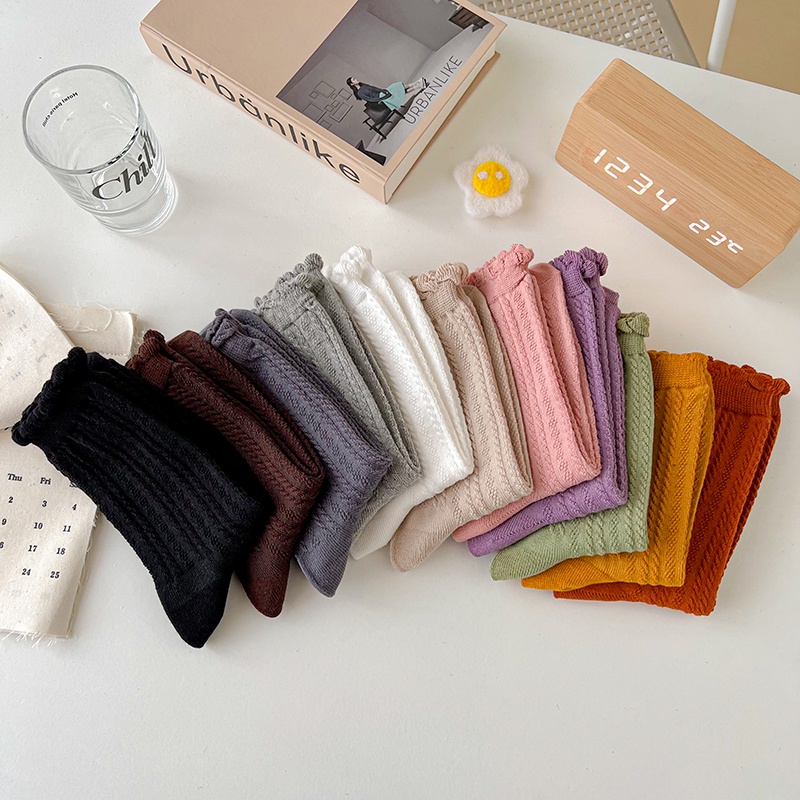Vớ cổ cao vừa gấu nhún bèo màu trơn cotton lưới thoáng khí phong cách ngọt ngào đáng yêu dành cho nữ