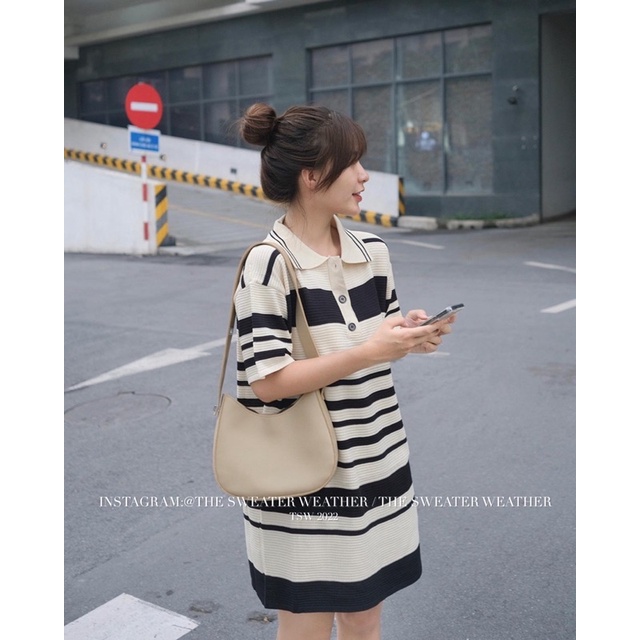 Áo/ Váy polo chất len thô be kẻ đen the.sweaterweather TSW