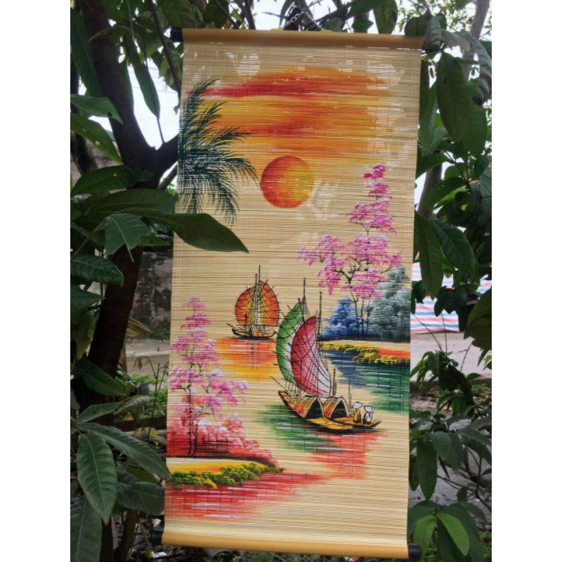 Tranh phong cảnh vẽ trên mành tre  treo tường đẹp