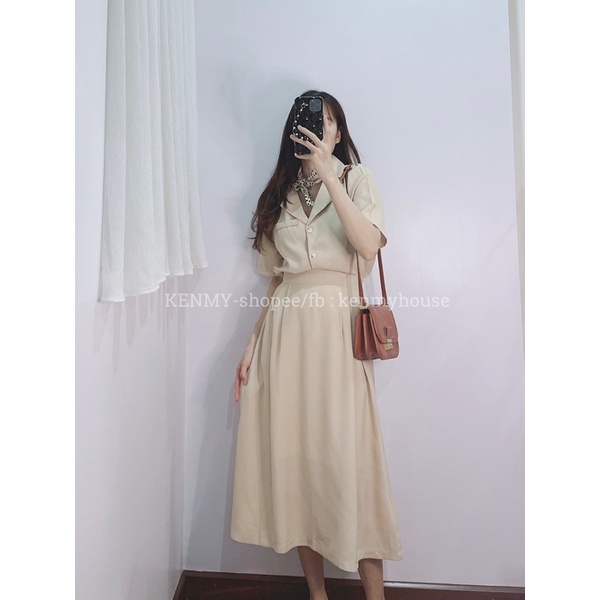 Set áo cổ vest kèm chân váy dài S40