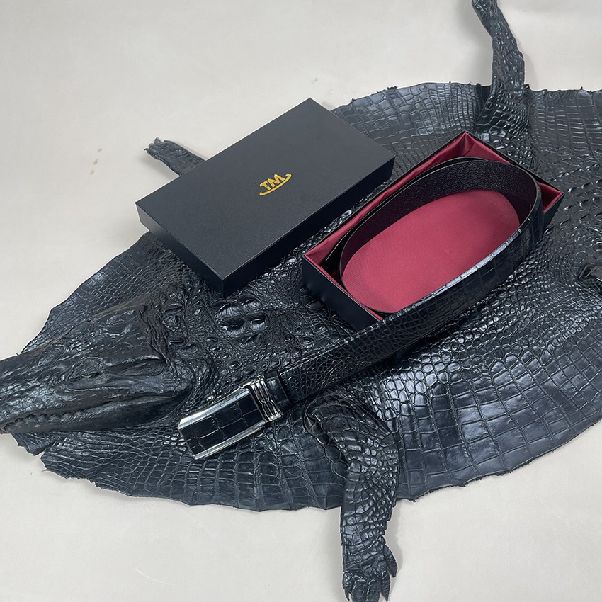 Thắt Lưng Nam Dây Nịt Da Cá Sấu Thật 100% Phần Da Bụng Trơn Màu Đen ST340 BH 24 Tháng Tặng Kèm Hộp