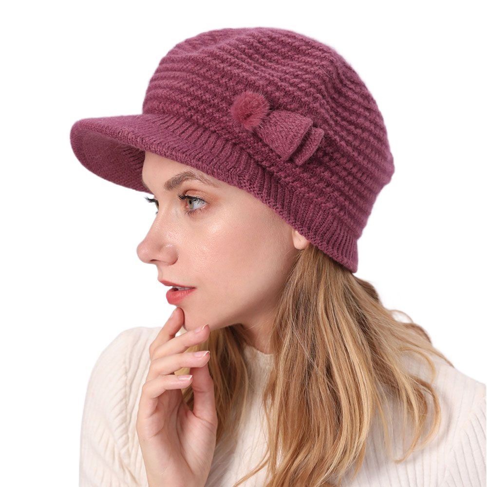 1 Mũ Nồi Dệt Kim Phối Lông Thỏ Giữ Ấm Mùa Thu Đông Cho Nữ
