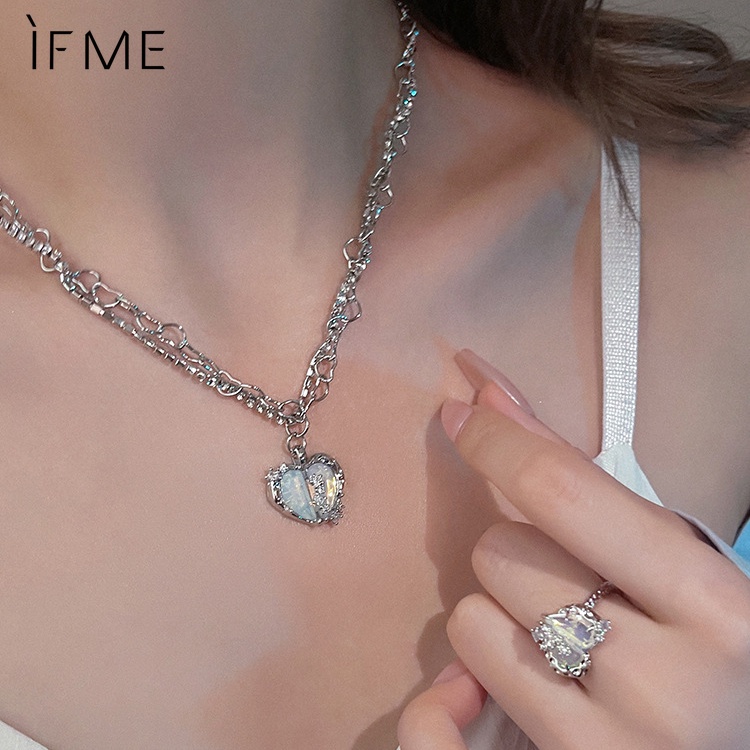 IF ME Vòng cổ Mạ Bạc Nhiều Lớp Mặt Trái Tim Đính Đá Pha Lê Thời Trang Cho Nữ
