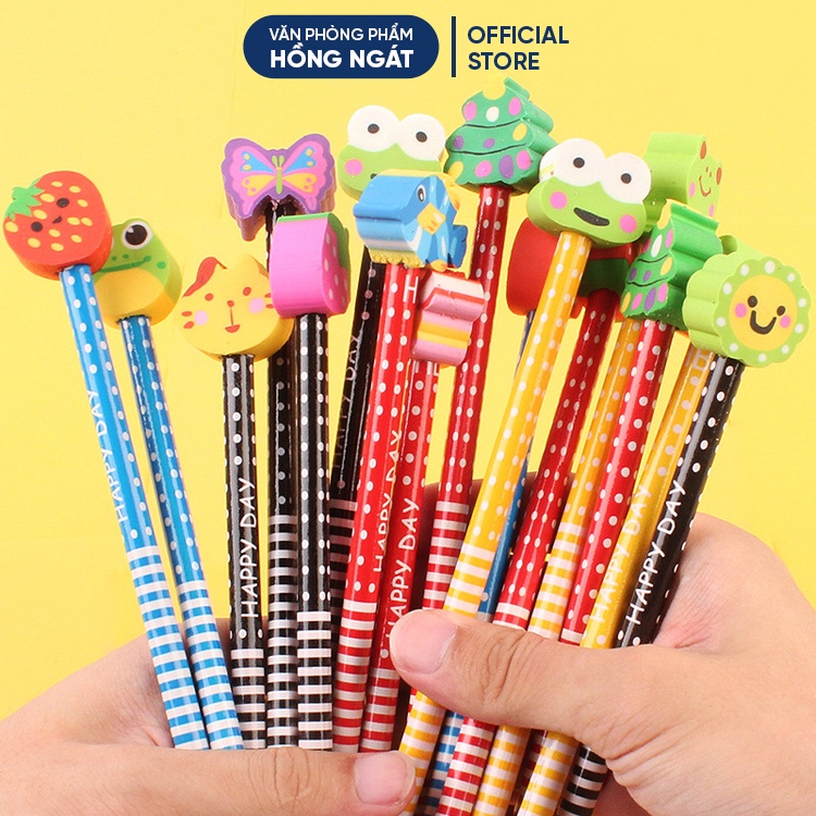 Bút chì gỗ cute đầu tẩy hoạt hình, đồ dùng học tập dễ thương văn phòng phẩm quà tặng học sinh B38