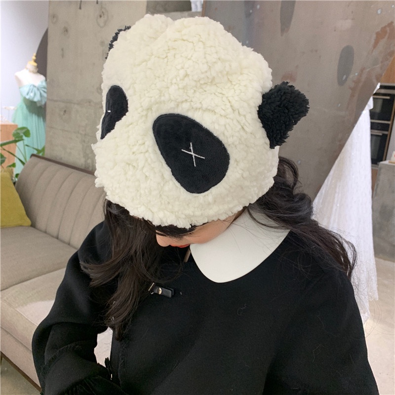 Mũ Lông Cừu Dày Dặn Ấm Áp Họa Tiết Gấu Trúc Hoạt Hình Dễ Thương Cho Bé Gái