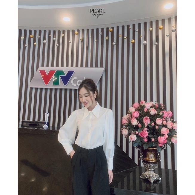 Áo sơ mi trắng nữ công sở basic lụa đẹp bồng cổ đức cao cấp Pearl Design 052105 | BigBuy360 - bigbuy360.vn
