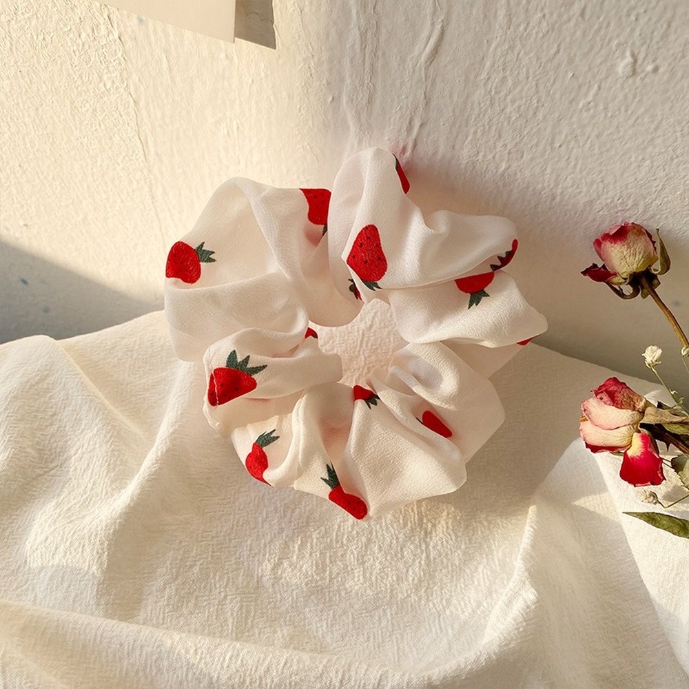 Dây Buộc Tóc Cao Su Co Giãn Bọc Vải Chiffon In Họa Tiết Dâu Tây Dễ Thương Phong Cách Hàn Quốc