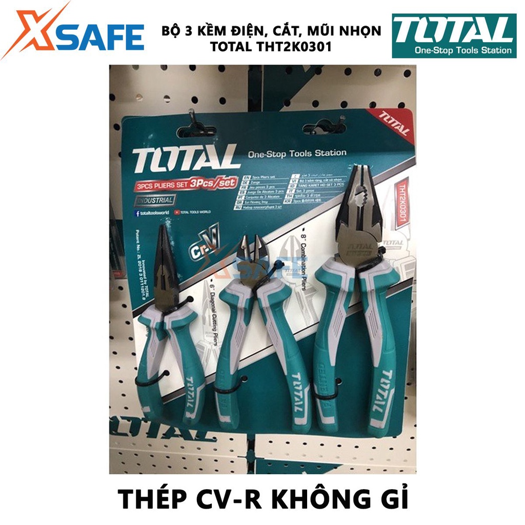 Bộ 3 kềm răng, cắt và nhọn TOTAL THT2K0301 Bộ kìm răng, kìm cắt và kìm nhọn 3 chi tiết, chất liệu thép CR-V, đen bóng