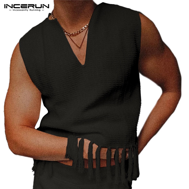 Áo thun ba lỗ INCERUN cổ v phối tua rua thời trang mùa hè cho nam