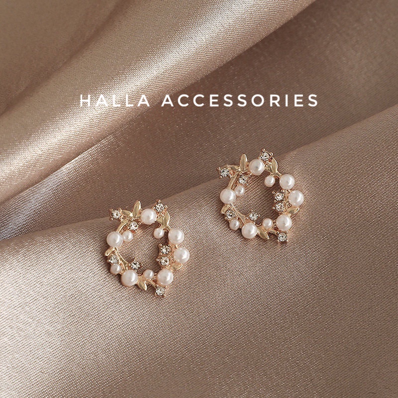 Khuyên tai chuôi bạc S925 Hình hoa nguyệt quế đính đá cao cấp HALLA BT142