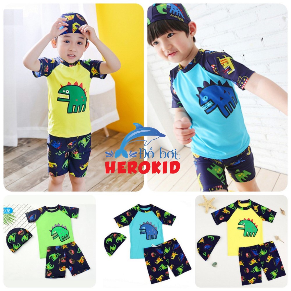 Bộ đồ bơi hoạ tiết khủng long kèm nón bơi - Đồ bơi ngắn tay bé trai BT21