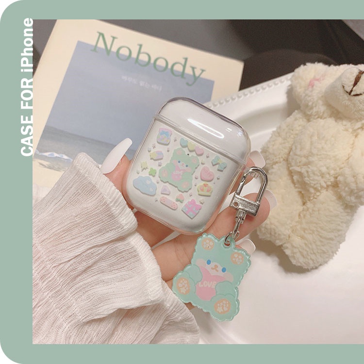 Vỏ Bảo Vệ Hộp Sạc Tai Nghe airpods2 Hình Gấu Xanh Lá Có Dây Đeo Dễ Thương Cho Thế Hệ