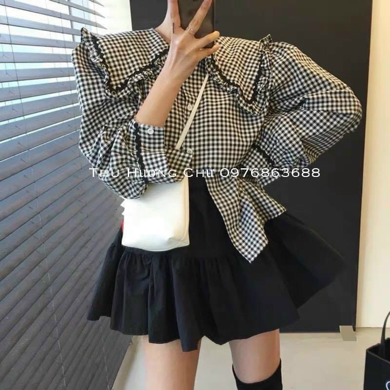 Áo sơ mi thủy thủ viền chỉ đen sắc xảo