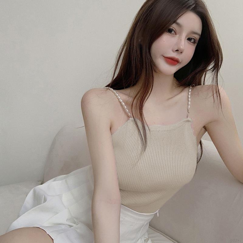 Áo Hai Dây Dệt Kim Màu Trơn Đính Ngọc Trai Phong Cách Hàn Quốc