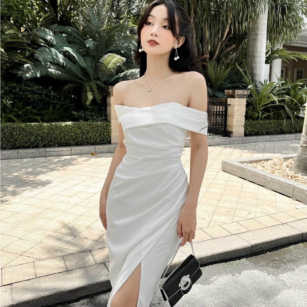 Đầm midi trắng trễ vai thiết kế ôm body xẻ tà, đầm đi tiệc cưới sang chảnh 3 màu đỏ, trắng, đen sexy nổi bật MP02