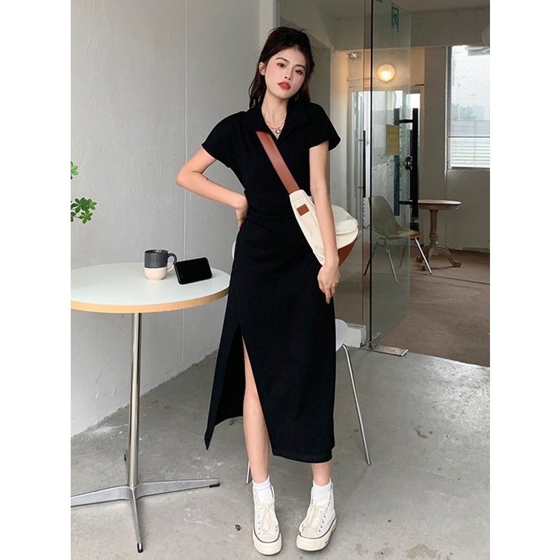 Đầm Midi Cổ Polo Ôm Eo Thiết Kế Xẻ Tà Sành Điệu Cho Nữ