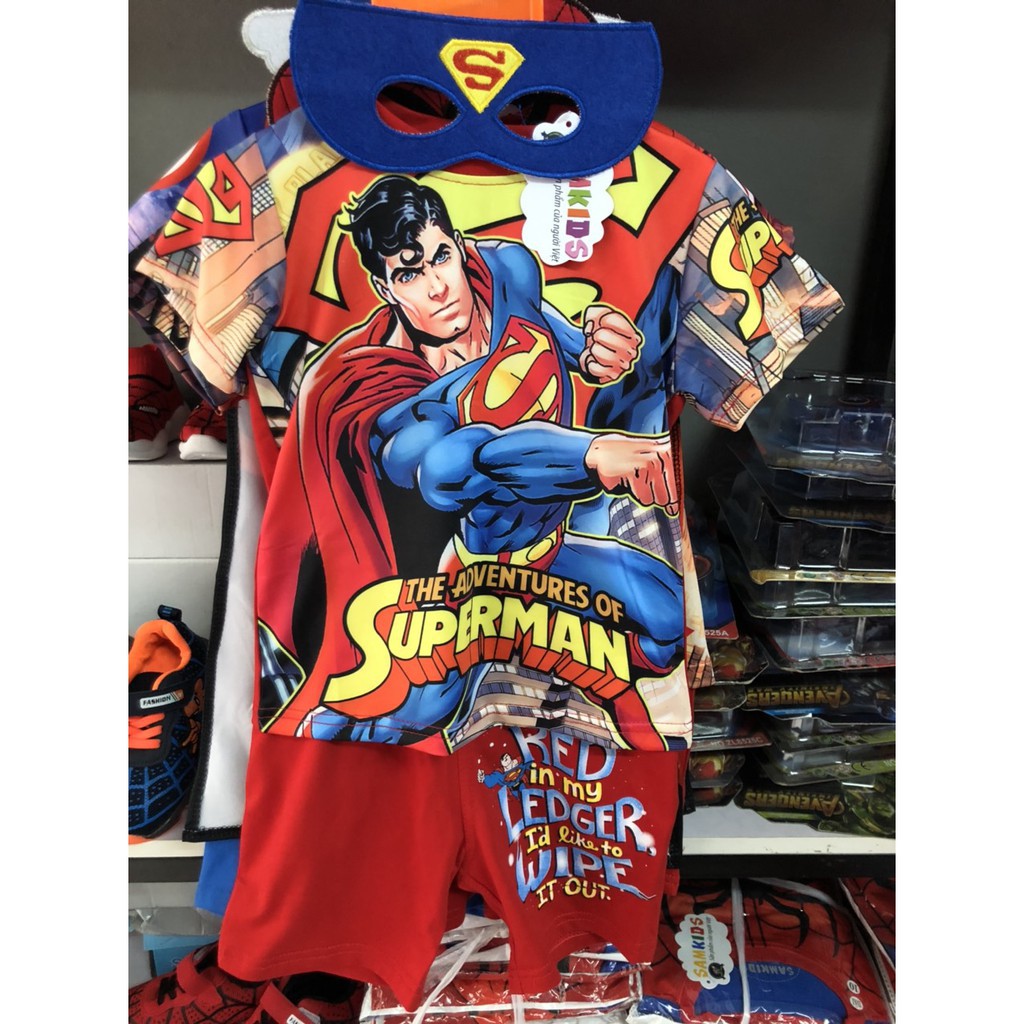 Bộ Super Man Lửng  Màu Đỏ in 3D sắc Nét, Vải Thun Cotton co Giãn 4 Chiều (Tặng Choàng Nạ)